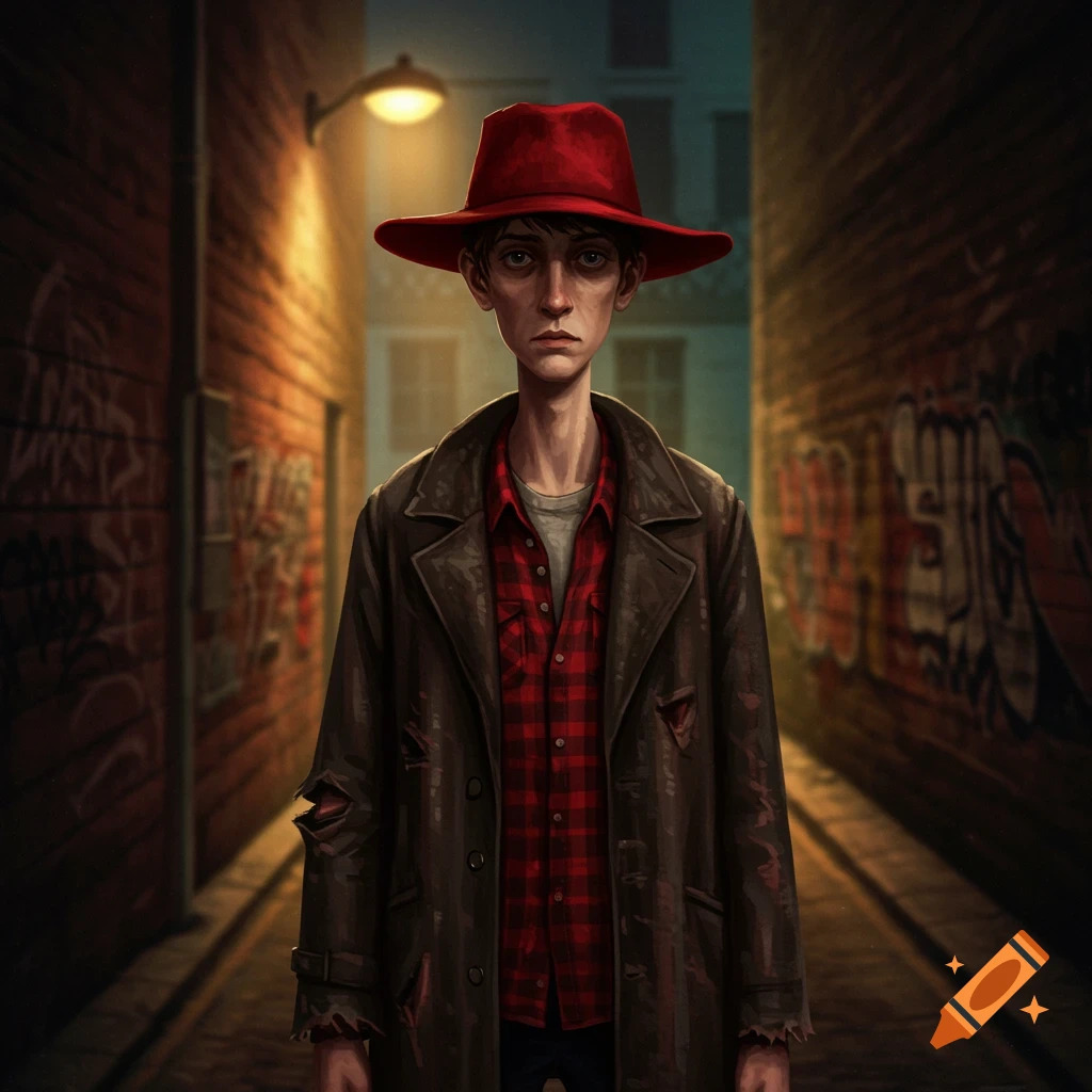 Vintage image of a lanky teenager in a red hat and coat standing in a dimly lit graffiti alley.