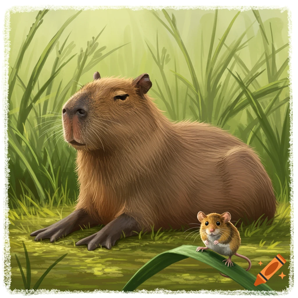 A capybara sits in the grass beside a small mouse perched on a leaf.
