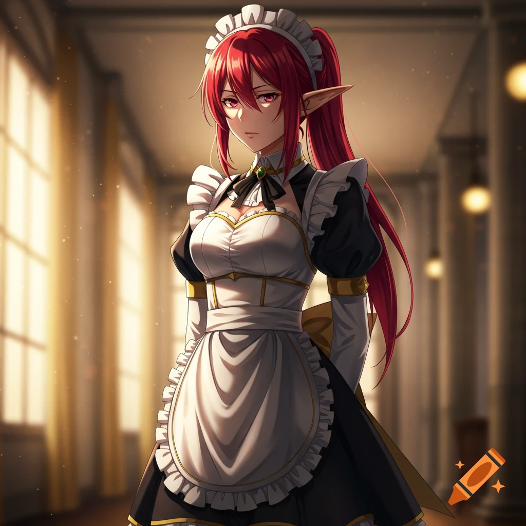 Anime fantasy elf girl with red hair in a maid outfit standing in a hallway