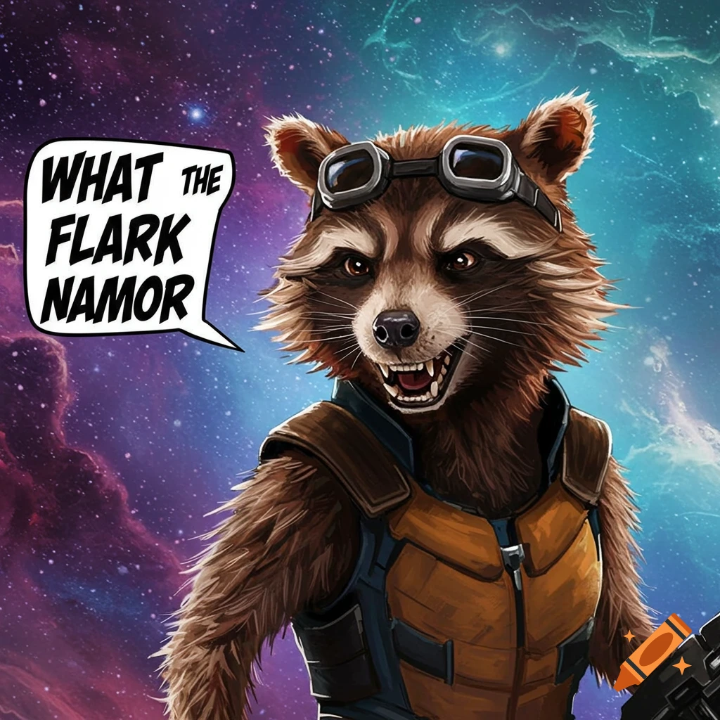 Rocket Raccoon in space with a speech bubble saying "WHAT THE FLARK NAMOR"
