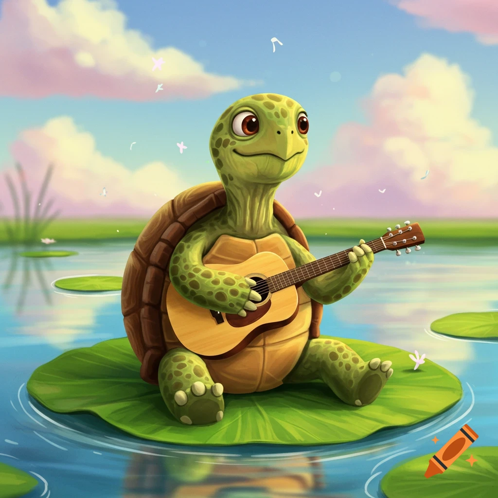 A cartoon turtle sits on a lily pad playing a guitar