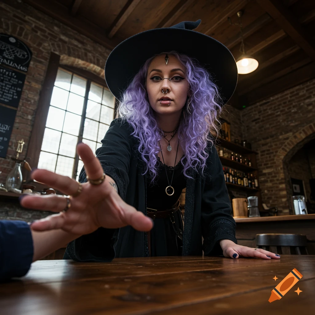 Witch with purple hair and black hat reaching out over a table in a dimly lit tavern, low angle view.