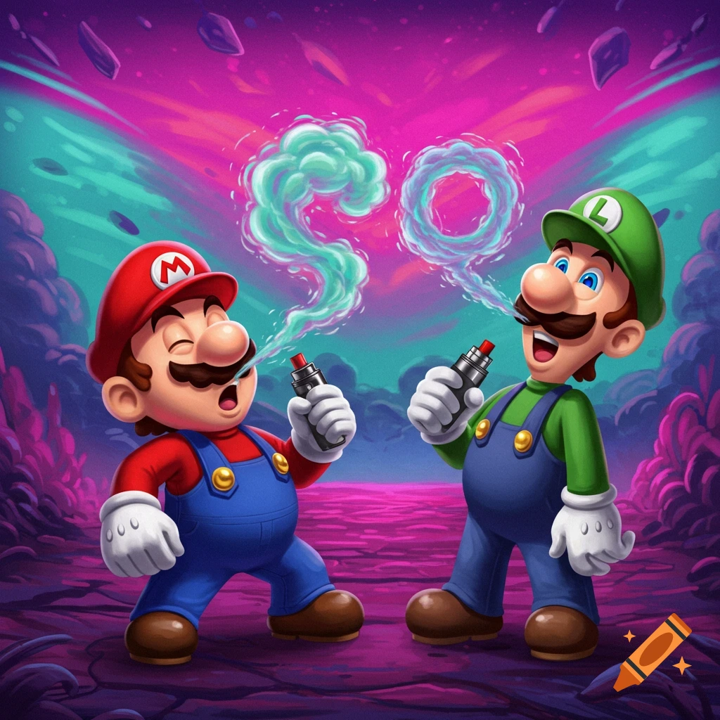 Mario and Luigi do vape tricks in a vibrant fantasy world.