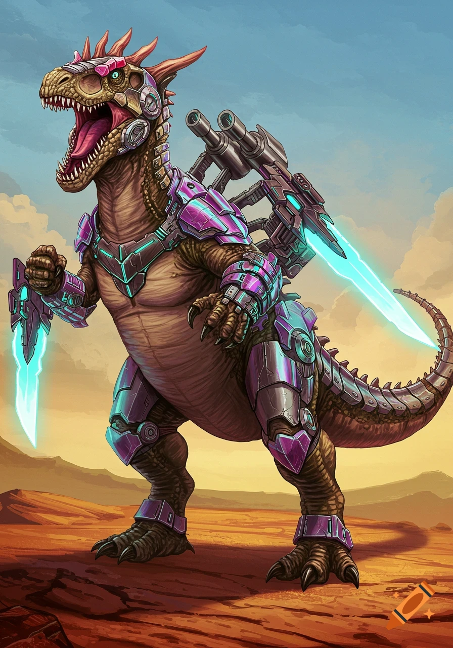 A saurophaganax dinosaur wearing futuristic armor and weapons in a desert landscape.