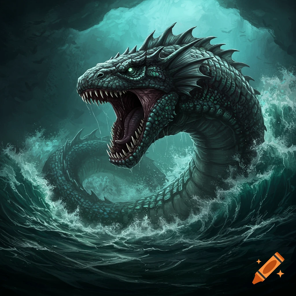 A large green sea serpent with open mouth emerges from dark water in a cavern.