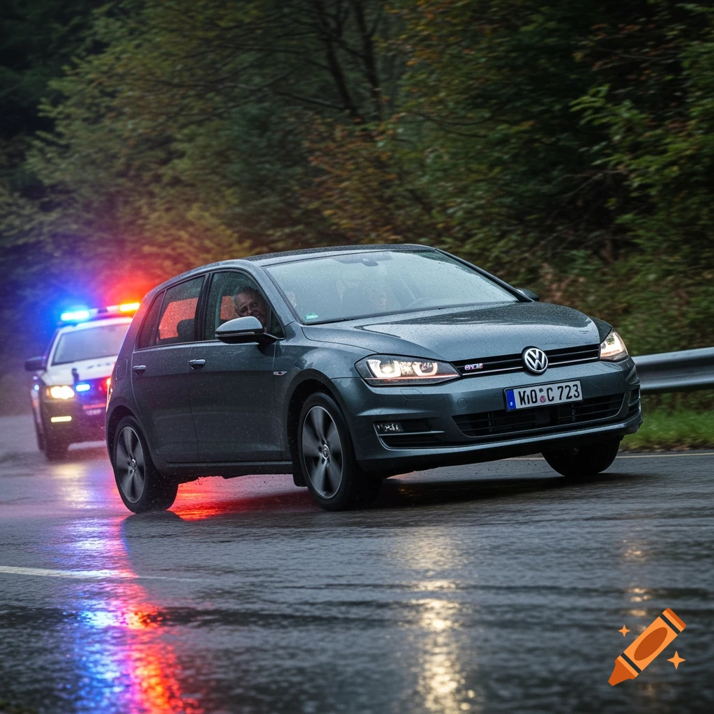 A grey VW Golf drives on a wet road with a police car chasing behind, lights flashing.