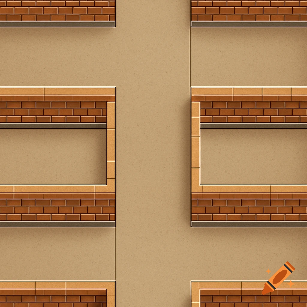 Top-down view of repeating hallways with brick walls and tan floors, styled as a game background.