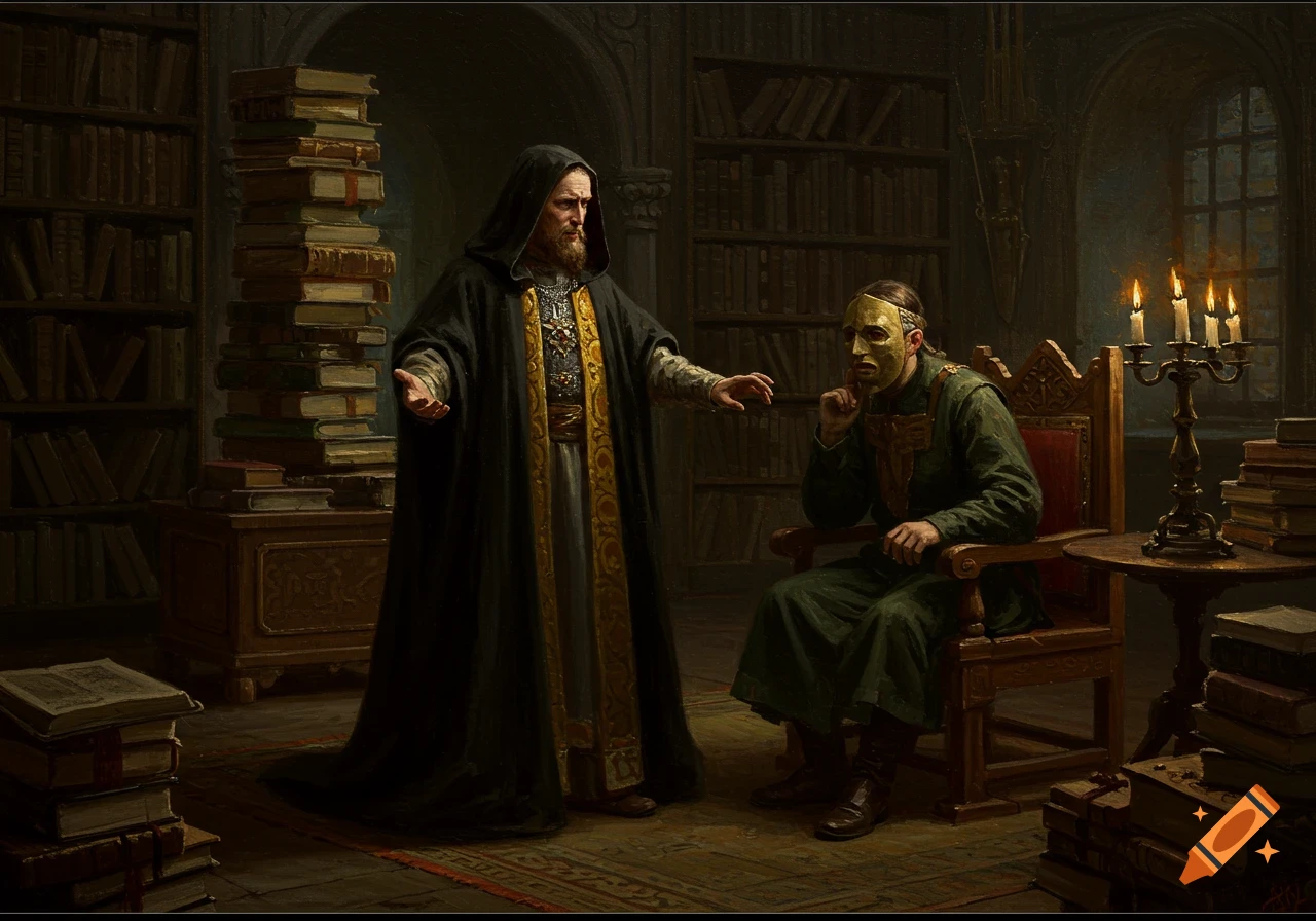 An oil painting depicts a hooded figure talking to a masked person in a library filled with books and candlelight.
