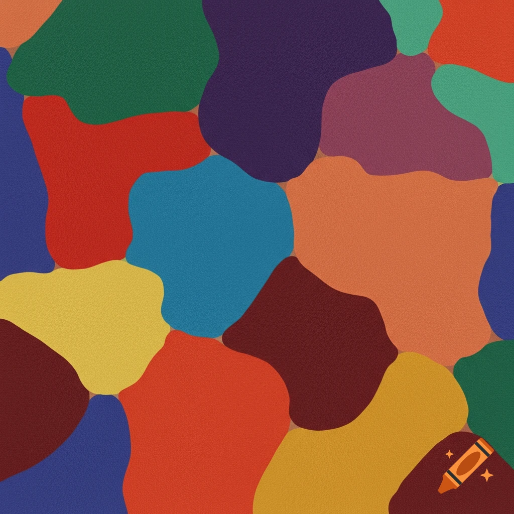 An abstract pattern of interlocking, irregular shapes in various colors including red, blue, yellow, green, purple, and orange.