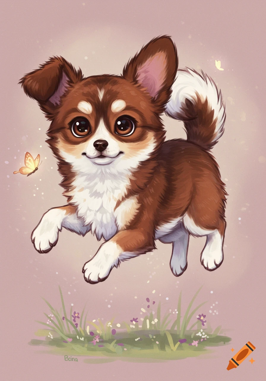A cute chihuahua puppy jumps over grass with butterflies.