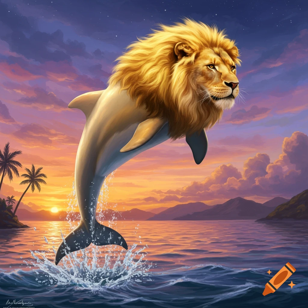 A lion-headed dolphin leaps from tropical waters at sunset.