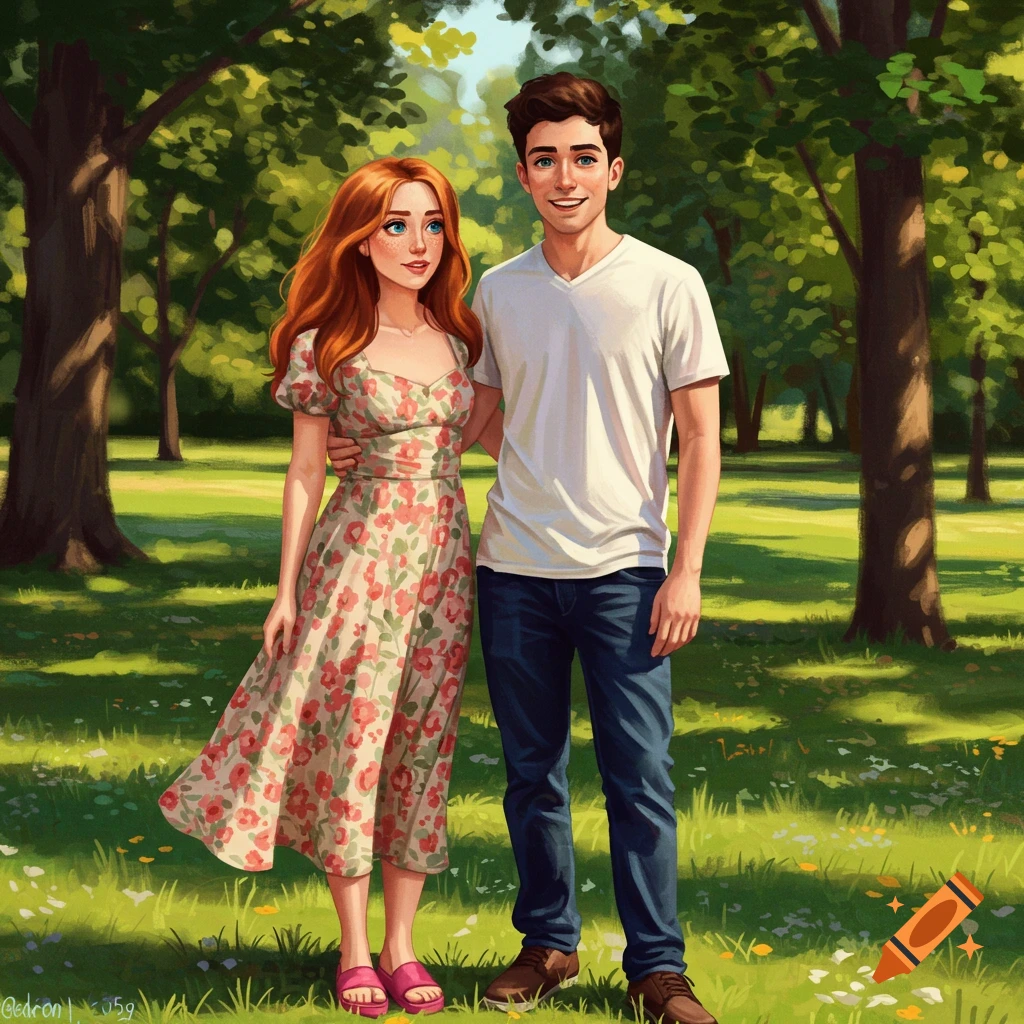 A couple standing in a sunny park.