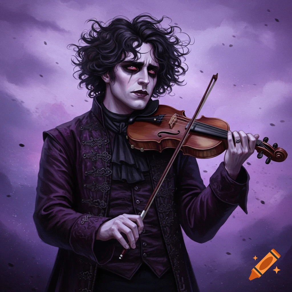 A man with messy dark hair and makeup plays a violin in a purple, gothic setting.