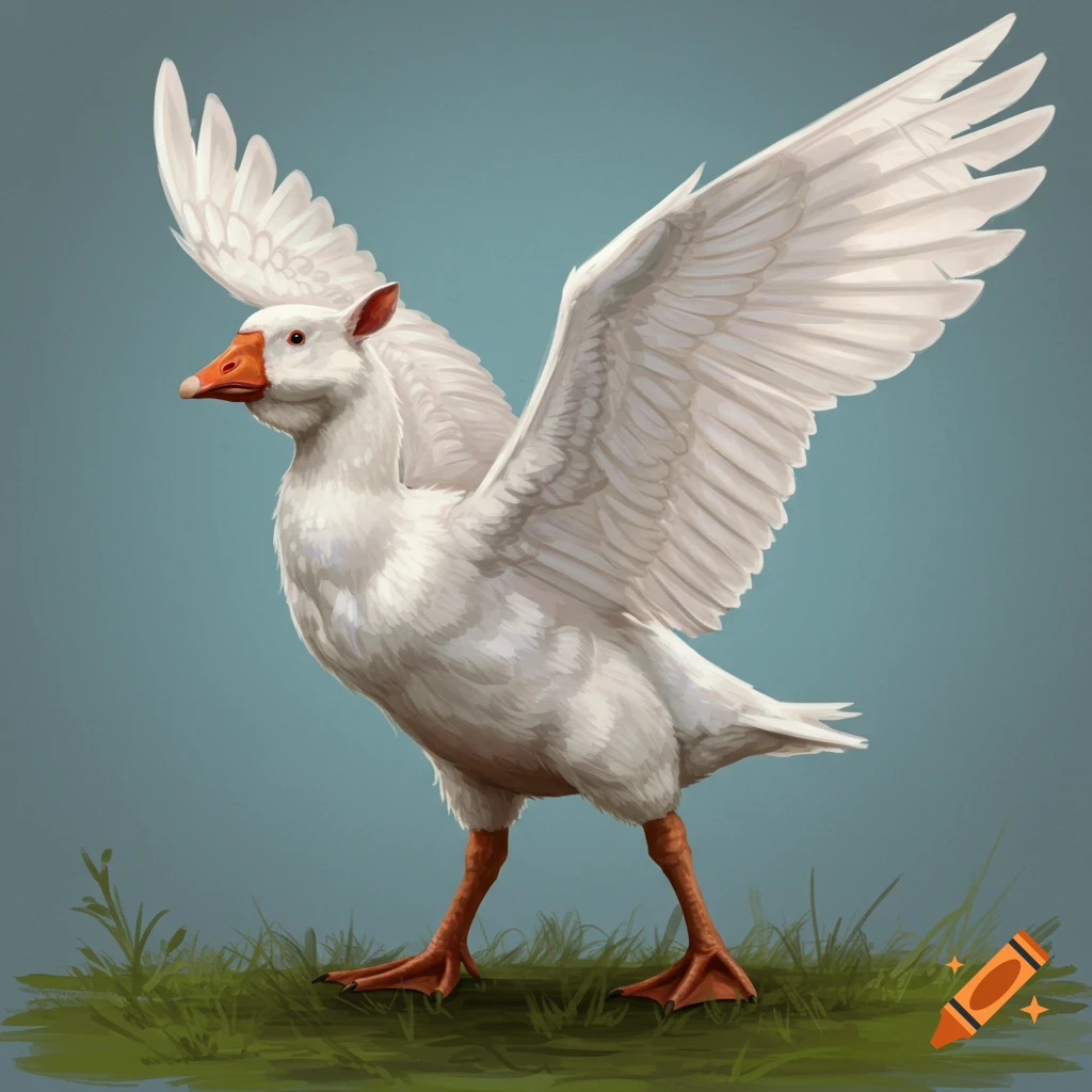 A creature stands on grass, featuring a white body with a goose head, moose body, and large wings.