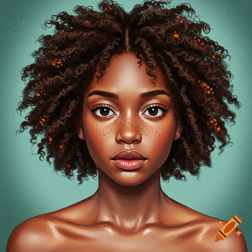 A young woman with curly hair and freckles