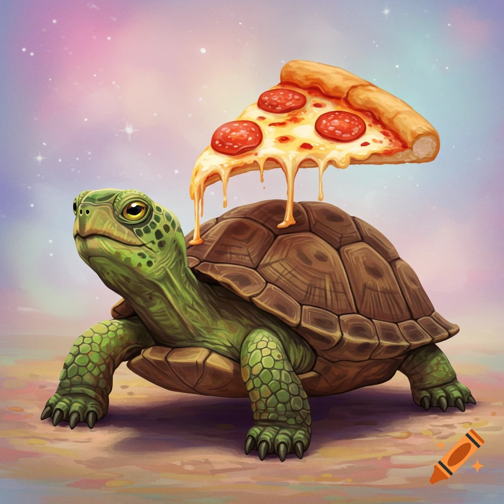 A turtle walks with a large slice of pepperoni pizza on its back.