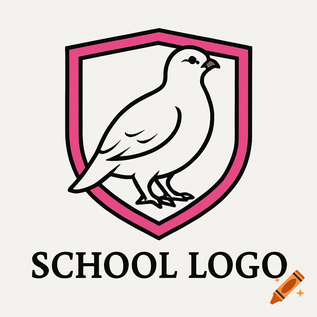 Logo with white bird in pink shield, text "SCHOOL LOGO".