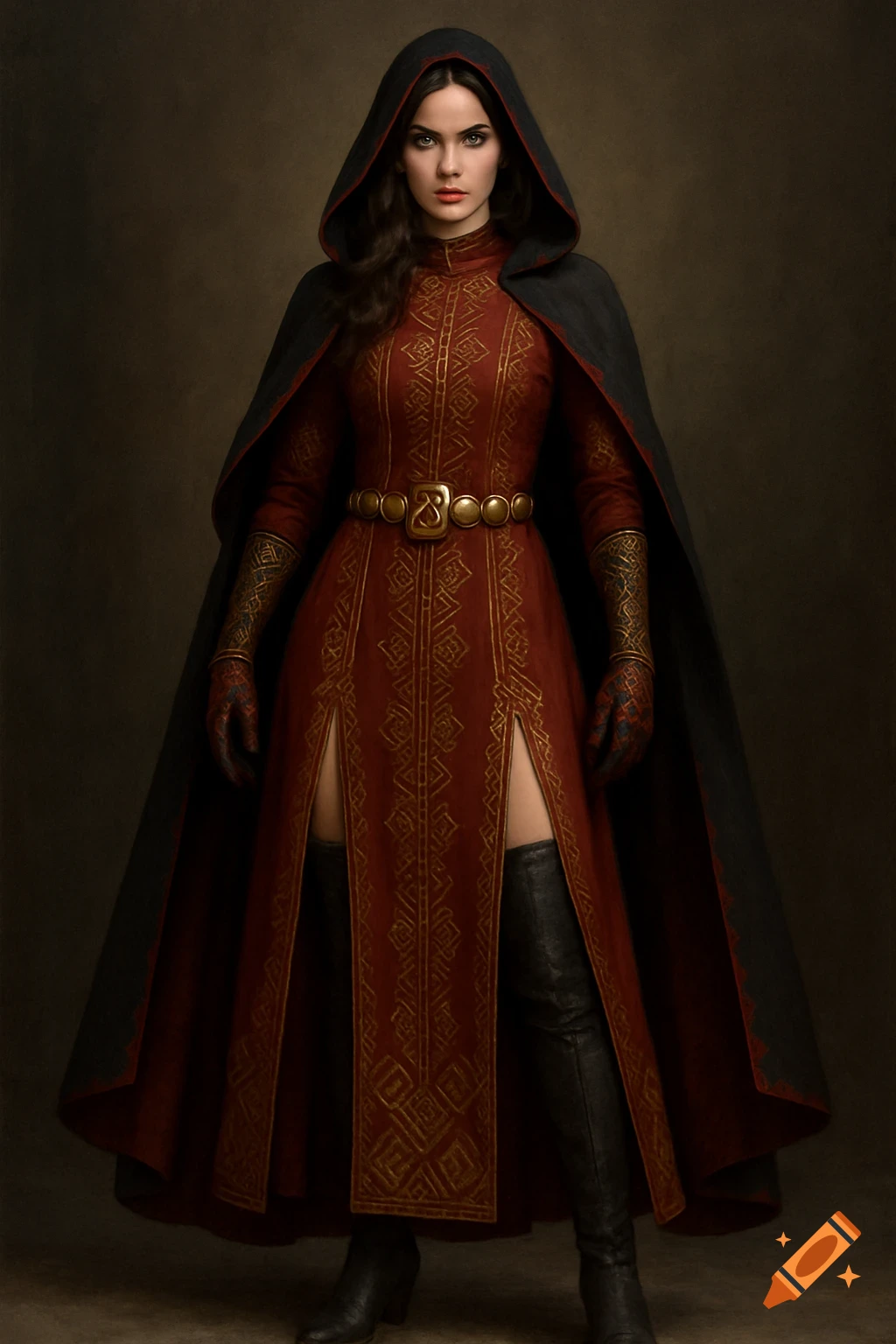 A woman is wearing a red patterned dress, a black cloak, and boots.