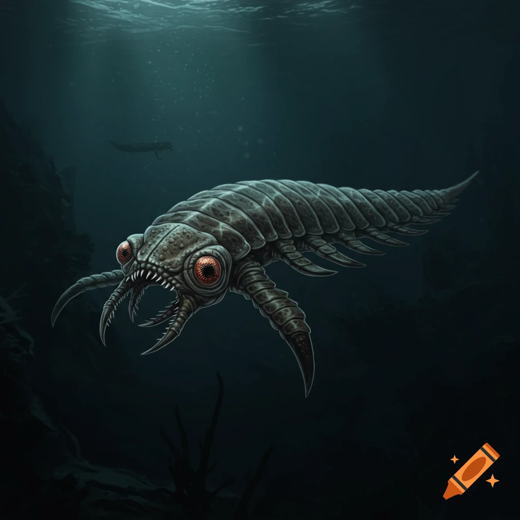 An Anomilocaris swimming in dark water.