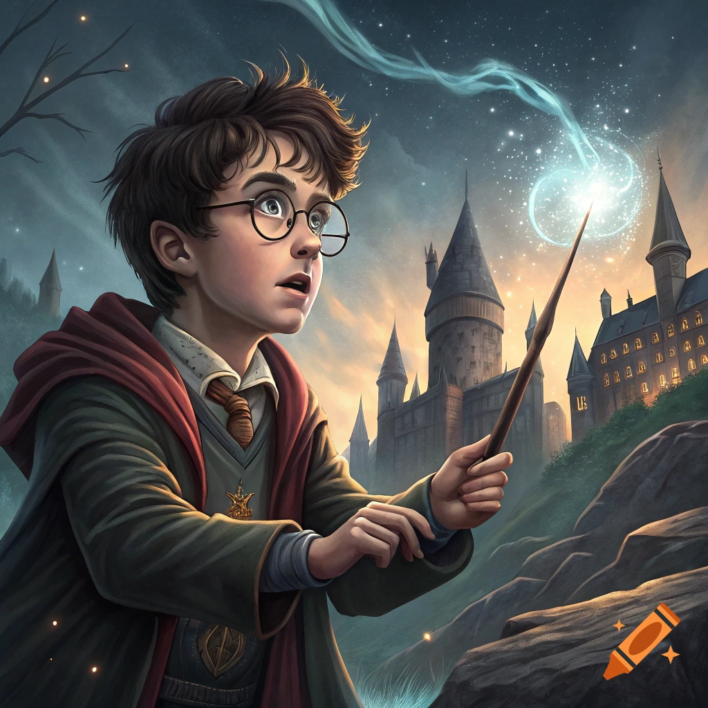 A young wizard with glasses casts a glowing spell in front of a large castle at sunset.