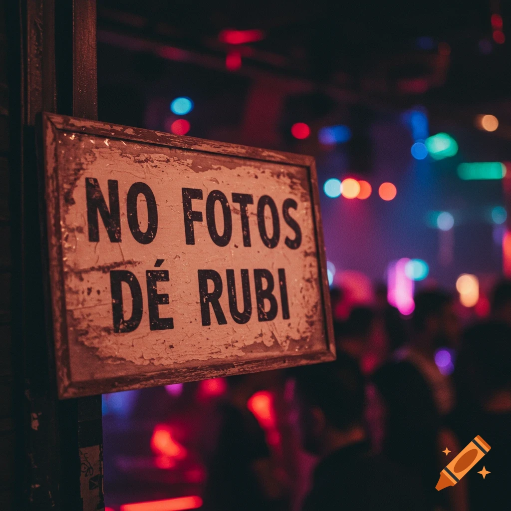 A sign reading "NO FOTOS DÉ RUBI" hangs in focus in a blurry, dark club environment with colorful lights and people in the background.