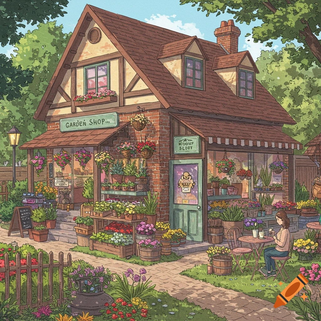 A detailed view of a cottage-style garden shop with plants, flowers, and outdoor cafe seating with a woman.