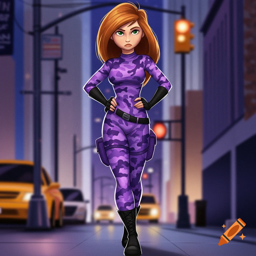 A cartoon character in a purple camo suit is walking down a city street.