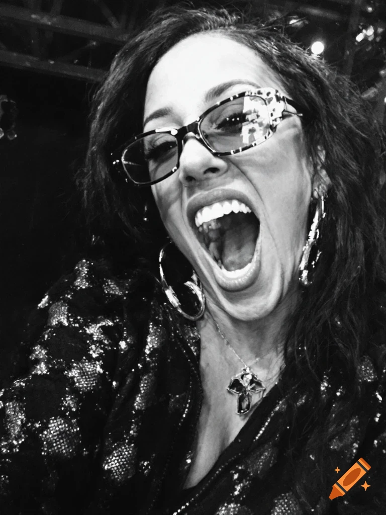 Black and white close-up portrait of a woman with glasses, mouth open, wearing hoop earrings and a sequined jacket.