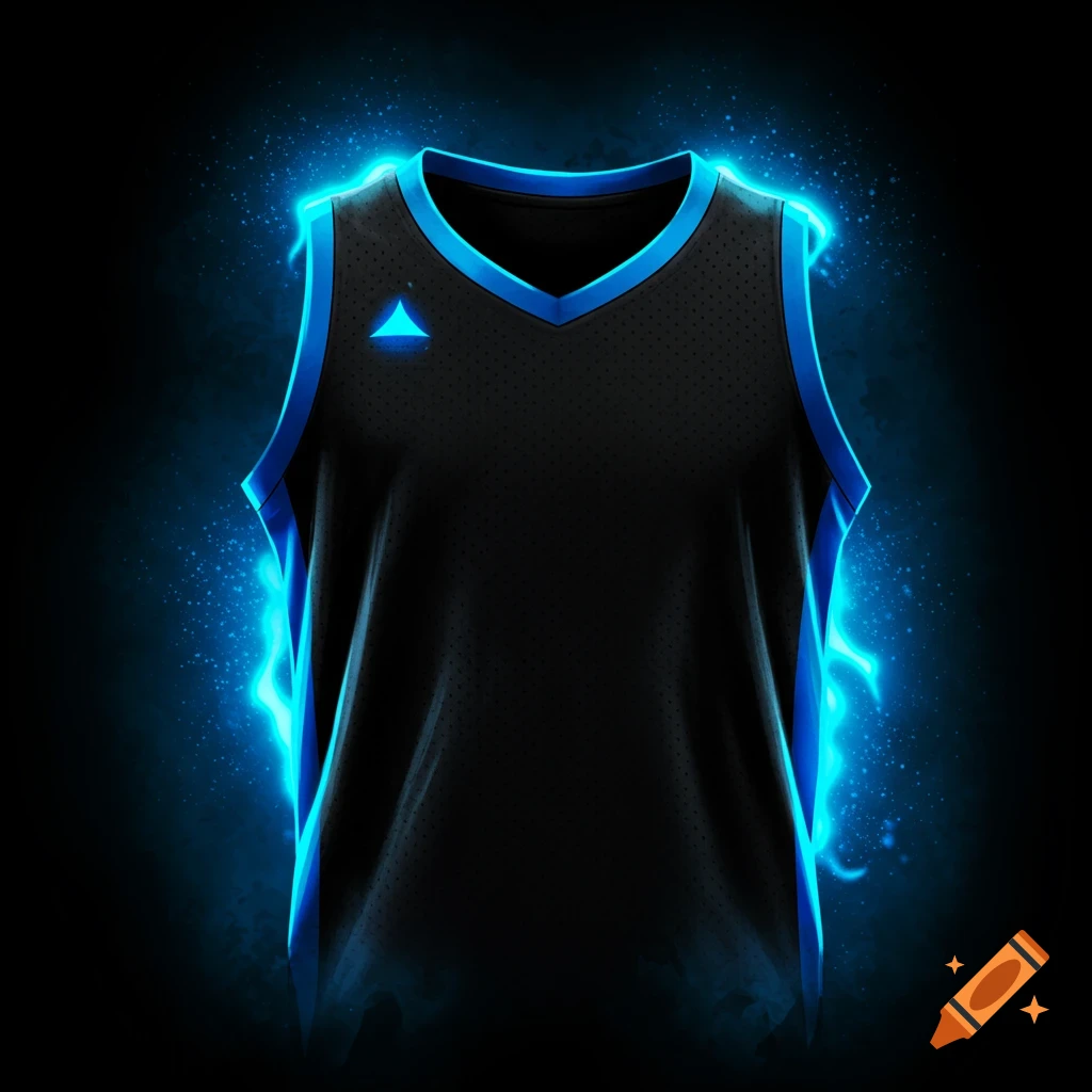 A black and blue basketball jersey with glowing blue light effects.