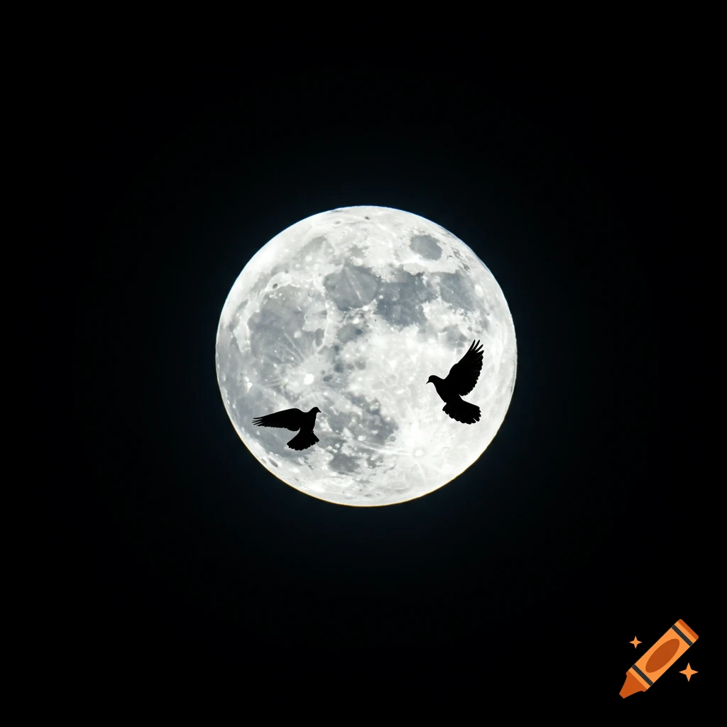 Two bird silhouettes fly across a bright full moon in the night sky.