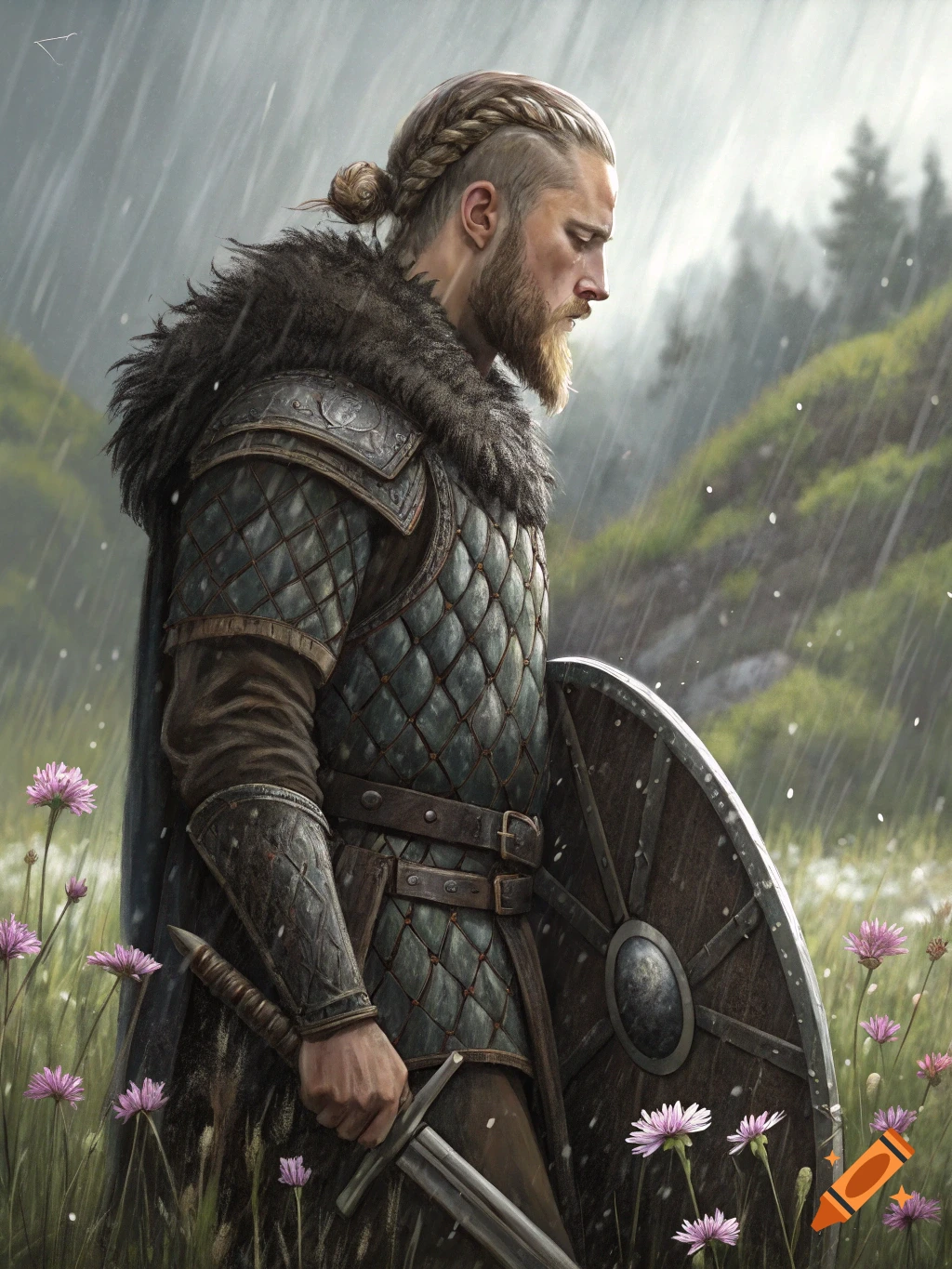 A Viking warrior stands in the rain holding a sword and shield amidst flowers.