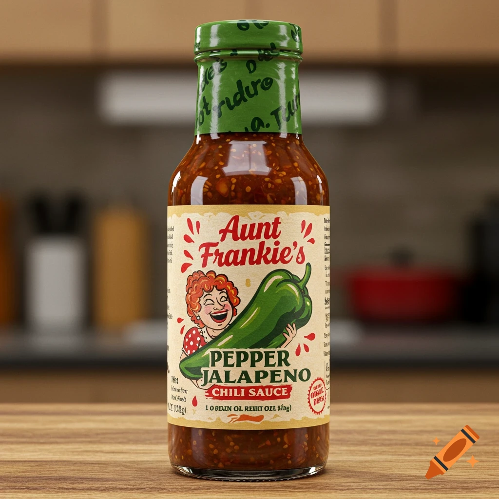 A bottle of Aunt Frankie's Pepper Jalapeno Chili Sauce on a wooden counter.
