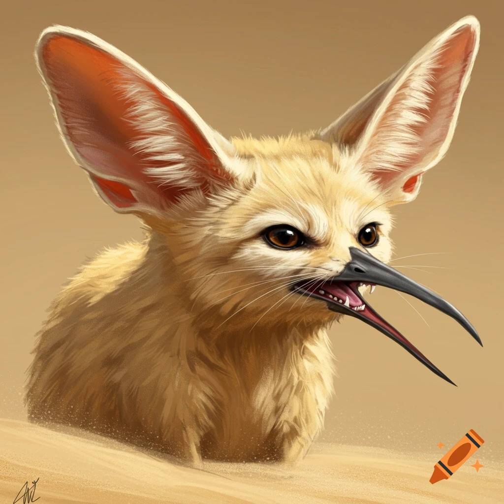 Angry creature hybrid with fennec fox ears and a hummingbird beak in the sand