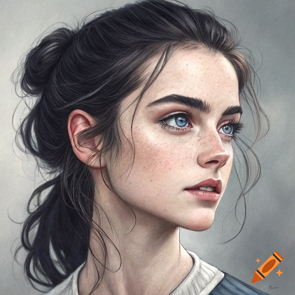 Close-up portrait of a young woman with blue eyes, freckles, and dark hair pulled back, in a realistic style.