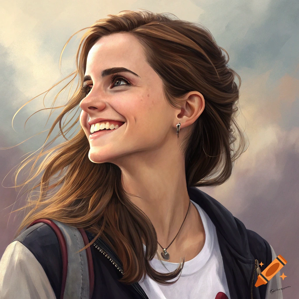 Portrait of a young woman smiling with windblown hair, wearing a jacket, against a cloudy sky.