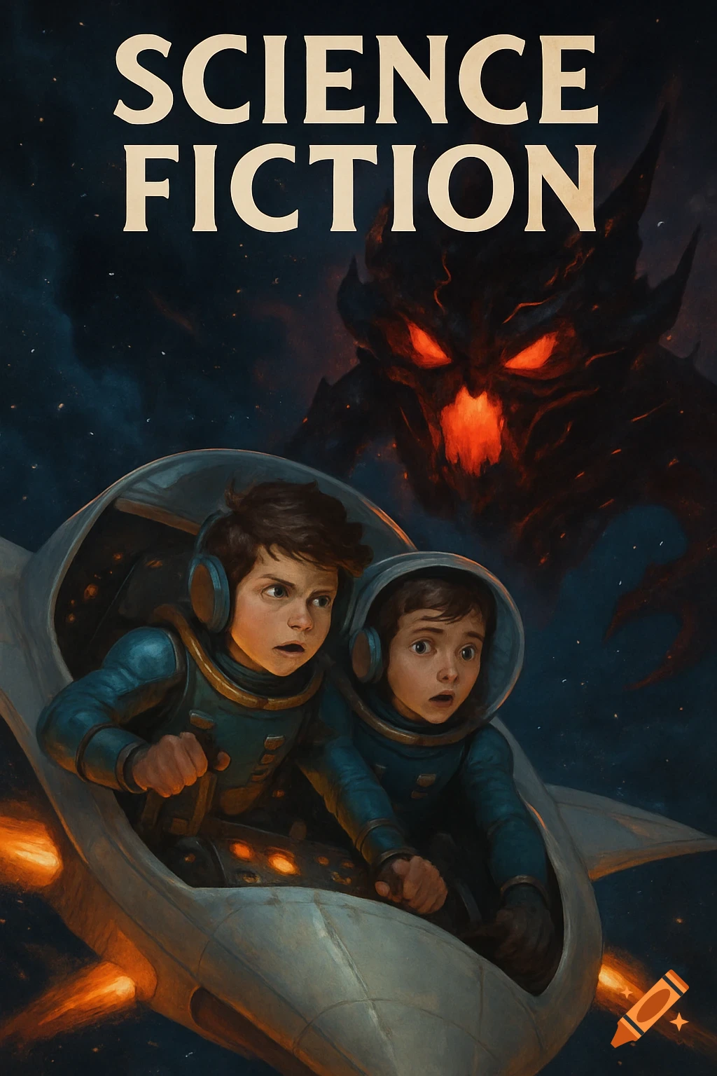 Two young boys in a spaceship escaping a monster in space.