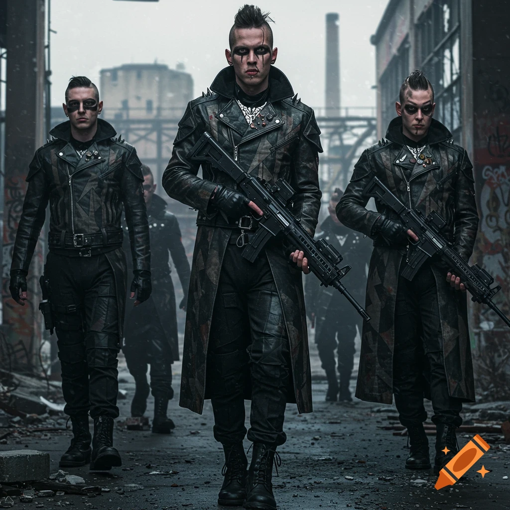 Three figures in tactical coats and face paint stand with rifles in a ruined city street.