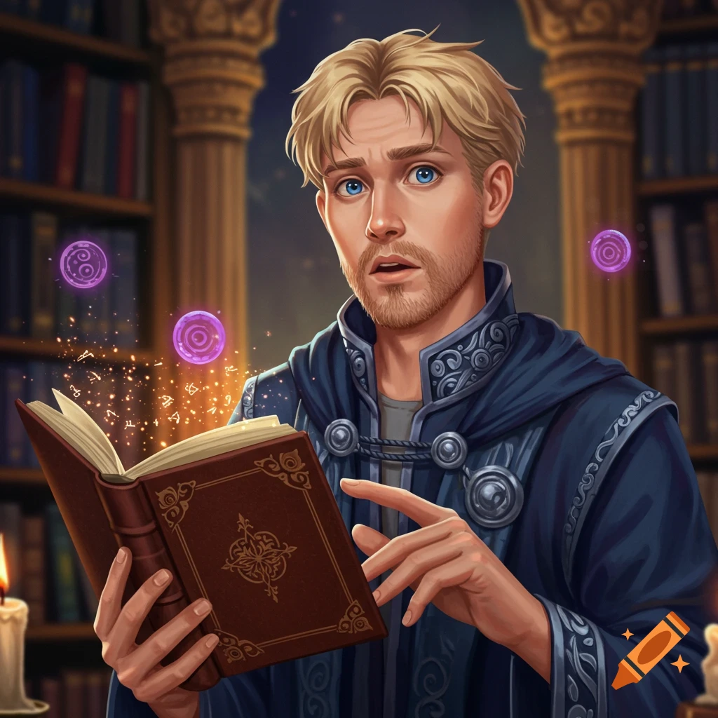 A blonde wizard reading a magical book in a library with glowing symbols
