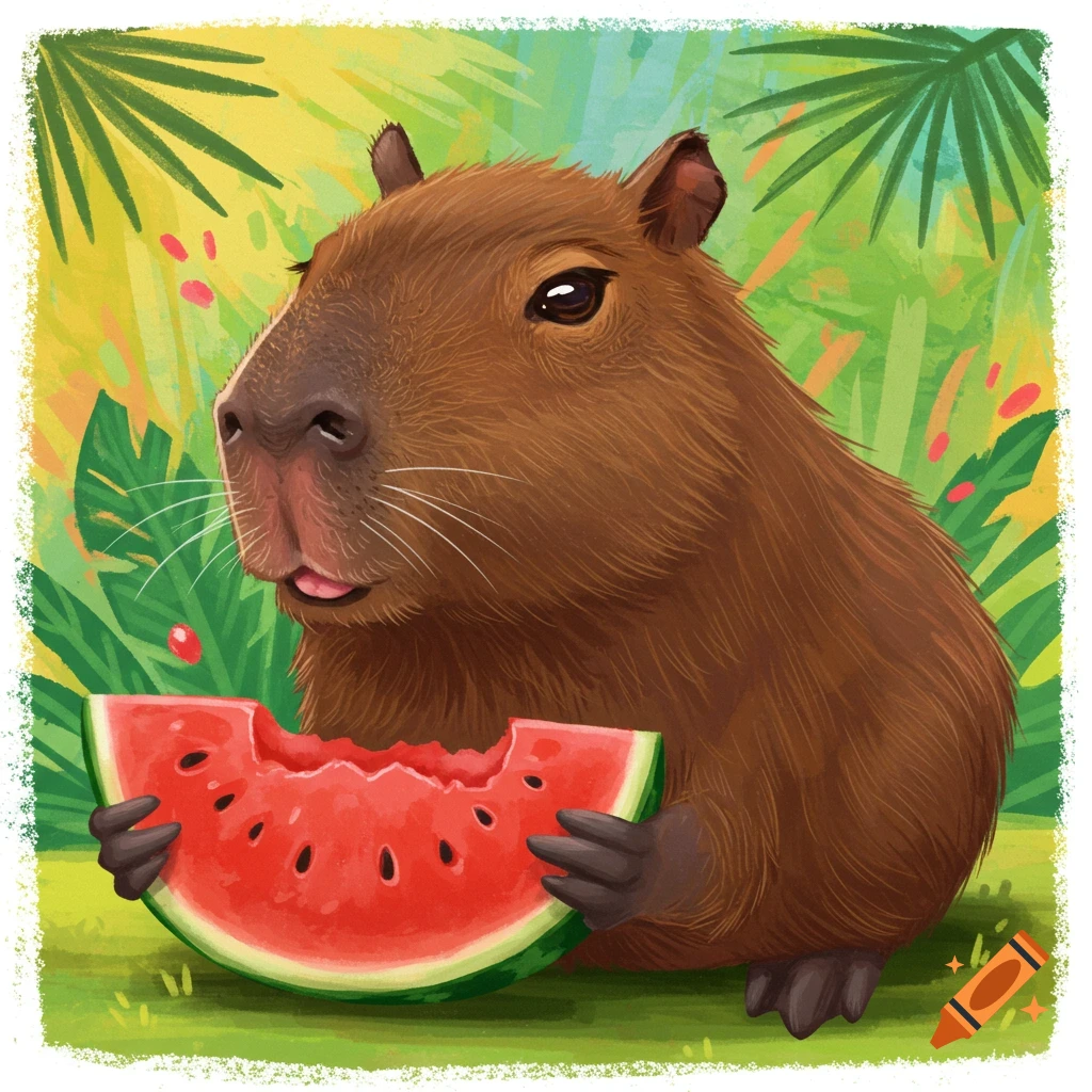 A cute capybara is shown eating a slice of watermelon in a lush green setting.