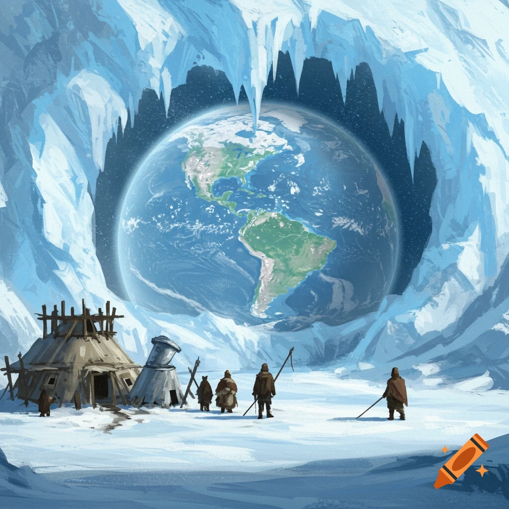 Figures outside ice shelters in a cave looking at a large Earth.