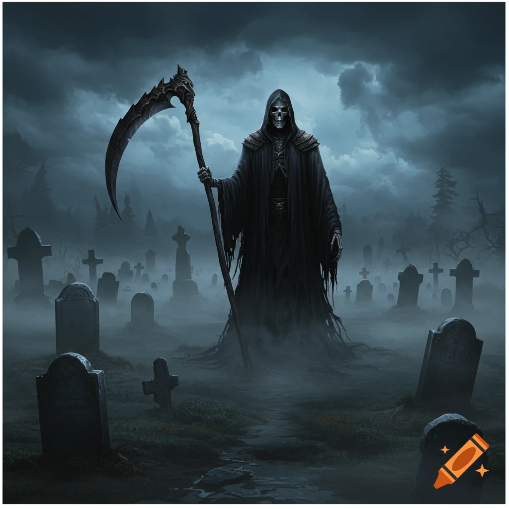 A grim reaper with a scythe stands in a foggy graveyard.