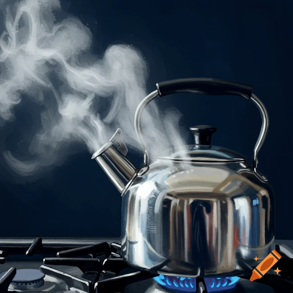 A silver tea kettle boiling on a blue gas flame stove.