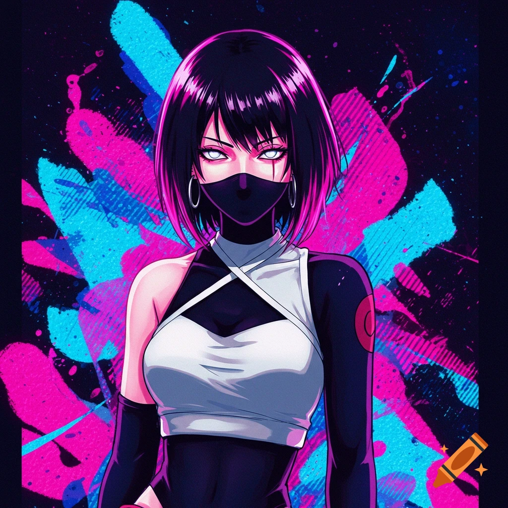Anime portrait of a woman with mask against abstract background