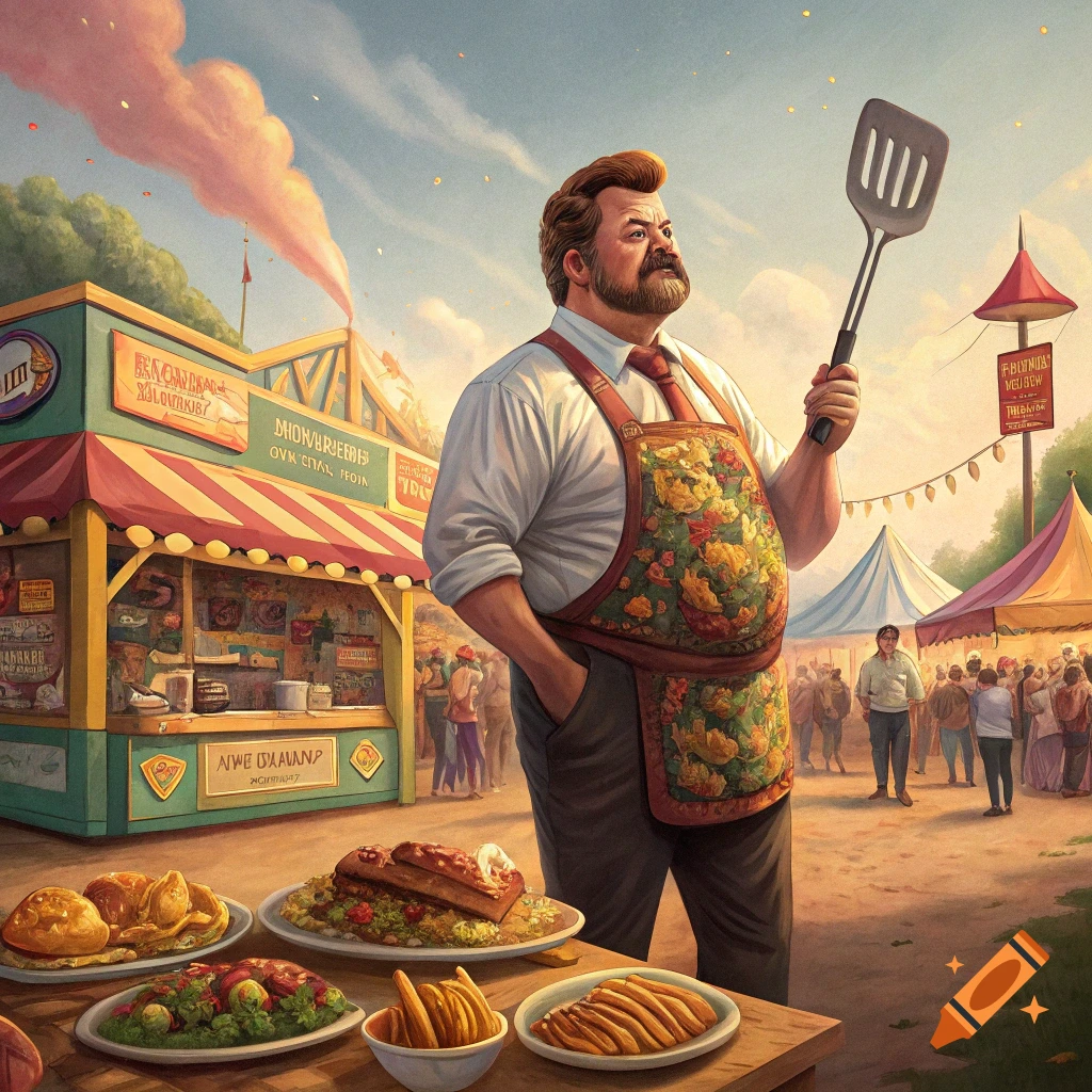 A man wearing an apron holds a spatula at a busy outdoor food market with plates of grilled food.