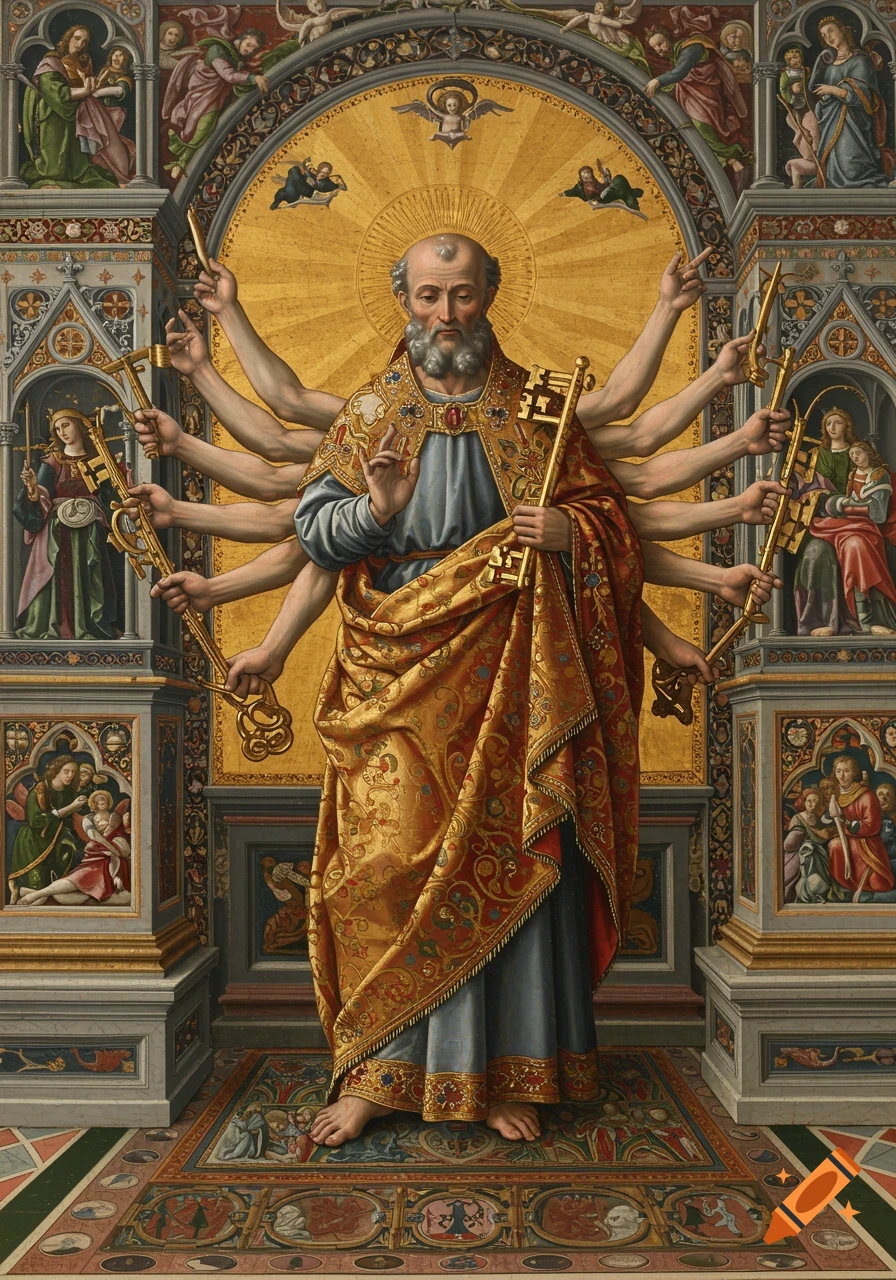 Renaissance painting of a figure with many arms holding keys, in an ornate altarpiece setting.