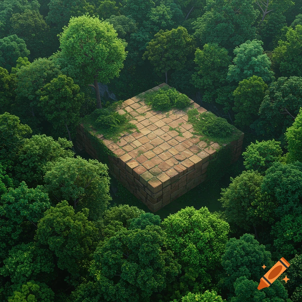 Top-down view of a large brick cube structure in a dense forest.