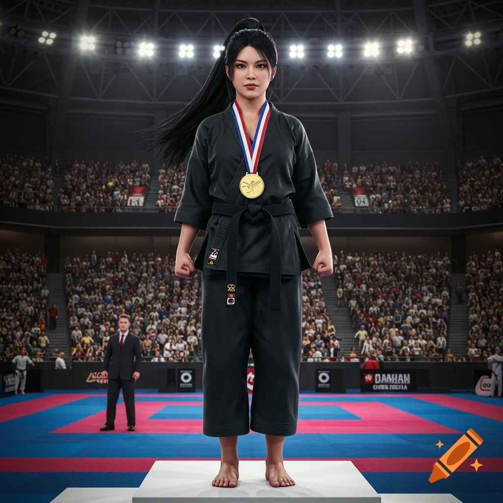 Female karate fighter on podium with gold medal in sports arena, photorealistic style.