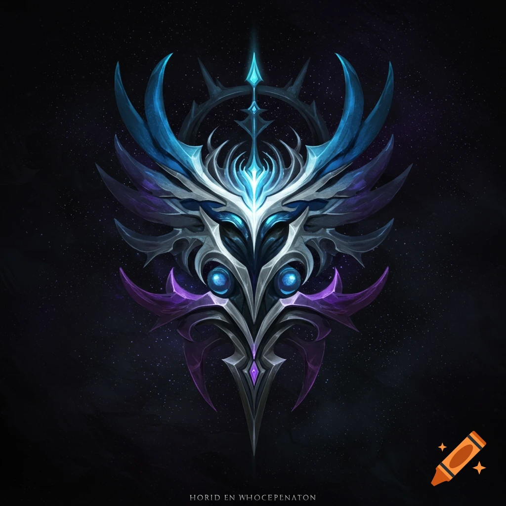 Ornate fantasy sigil in blue, purple, silver, and grey against a dark starry background.