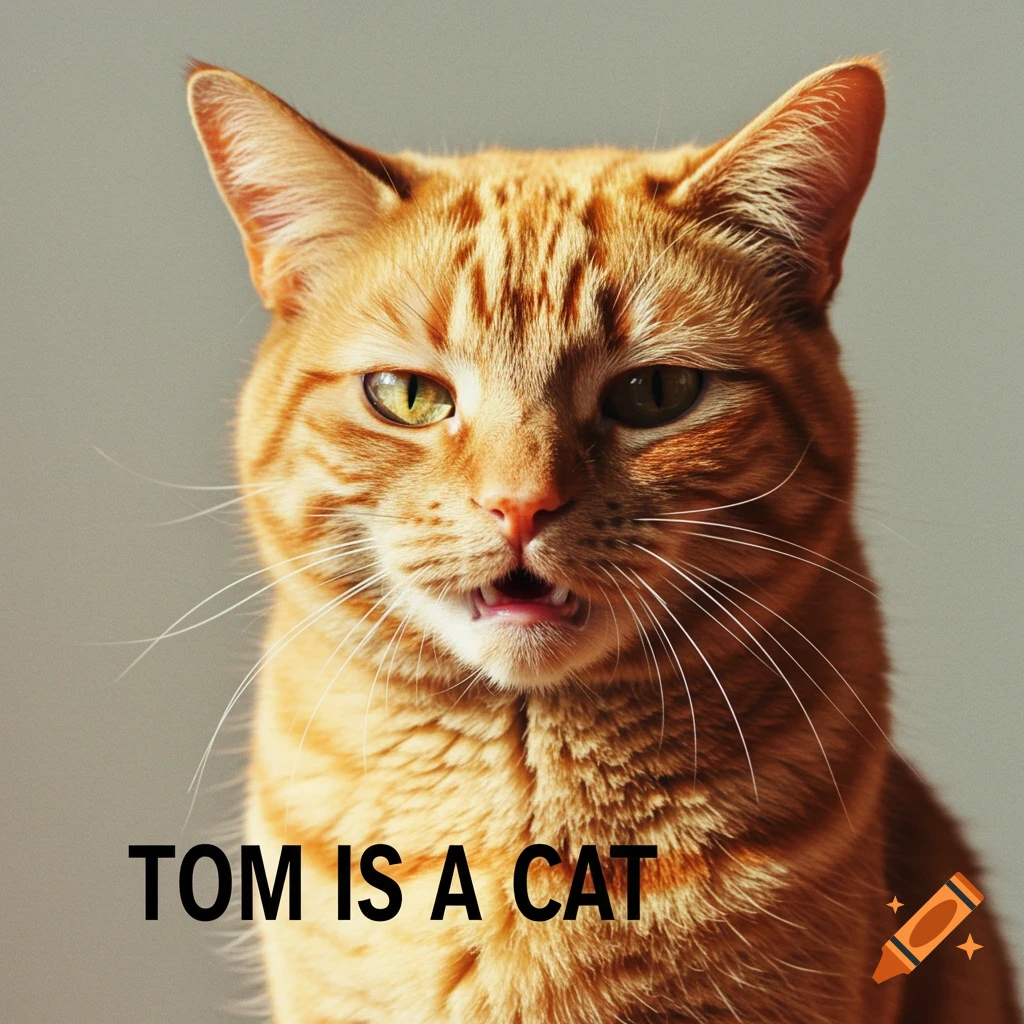Close-up photo of an orange cat with text 'TOM IS A CAT' across the bottom.
