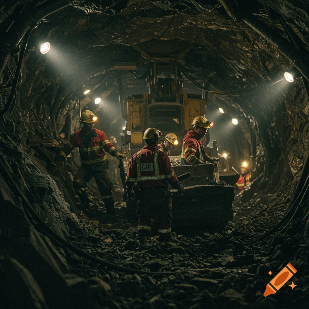 Miners in red jackets and hard hats working in a dark, rocky underground tunnel with heavy machinery.